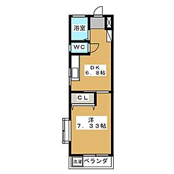 ラフォーレ白山 2階1DKの間取り