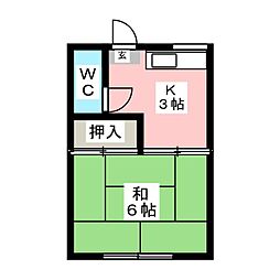 土方ビル 2階1Kの間取り