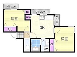 センターヒル千舟 2DKの間取図画像