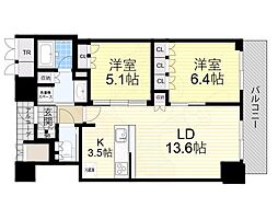ジオタワー大阪十三 2LDKの間取図画像