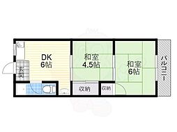 JR東海道・山陽本線 千里丘駅 徒歩17分の賃貸マンション 2階2DKの間取り