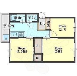 北野田マンション巽B棟 3Kの間取図画像