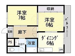 メゾンリブレーン 2階2DKの間取り