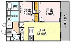トリニティ三国ヶ丘 3階2LDKの間取り