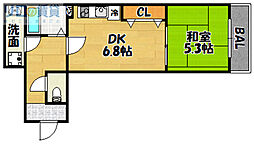 震雲マンション 2階1DKの間取り