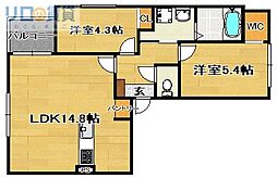 大阪市東淀川区豊里2丁目アパート 2LDKの間取図画像