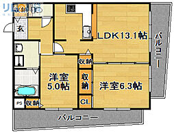 キャニスコート上新庄 2LDKの間取図画像