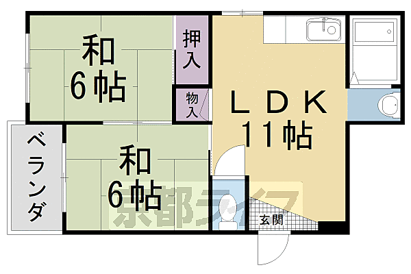 京都府京都市上京区千本通下長者町下る福島町(賃貸マンション2LDK・2階・48.42㎡)の写真 その2