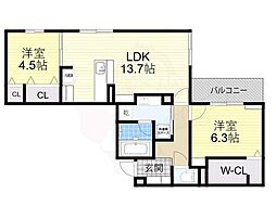 スペチアーレ小松 3階2LDKの間取り