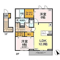 つくばエクスプレス 柏たなか駅 徒歩8分の賃貸アパート 2階2LDKの間取り