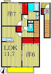 つくばエクスプレス 流山おおたかの森駅 徒歩26分の賃貸アパート 2階2LDKの間取り