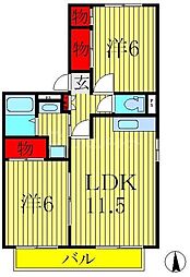 JR常磐線 天王台駅 徒歩10分の賃貸アパート 2階2LDKの間取り