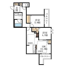 JR常磐線 柏駅 徒歩9分の賃貸マンション 2階2LDKの間取り