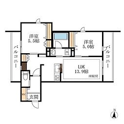 JR常磐線 柏駅 徒歩9分の賃貸マンション 2階2LDKの間取り