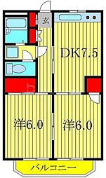 東武野田線 豊四季駅 徒歩8分の賃貸マンション 2階2DKの間取り