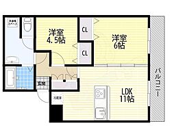 シャトー松原B棟 2LDKの間取図画像