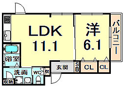 阪急神戸本線 武庫之荘駅 徒歩10分の賃貸マンション 2階1LDKの間取り