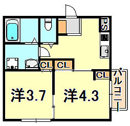 神戸市西神・山手線 妙法寺駅 徒歩4分の賃貸マンション 2階2Kの間取り