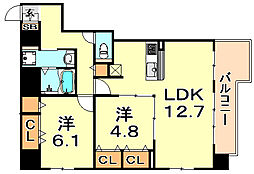 JR東海道・山陽本線 三ノ宮駅 徒歩11分の賃貸マンション 6階2LDKの間取り