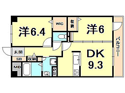 コモド西宮 2DKの間取図画像
