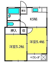 高鼻コーポ 1階2Kの間取り