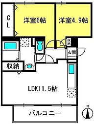 COURTーYARD三橋公園D 1階2LDKの間取り