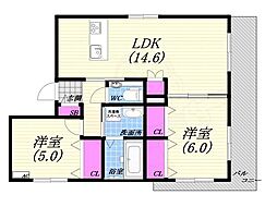 ヘーベルメゾン神楽夙川East 2LDKの間取図画像