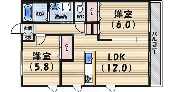 兵庫県西宮市豊楽町(賃貸アパート2LDK・2階・54.00㎡)の写真 その2