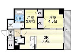 阪神本線 青木駅 徒歩6分の賃貸マンション 4階2DKの間取り