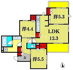 プランドール南流山 3階3LDKの間取り