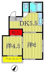 キャビンＶ 2階2DKの間取り