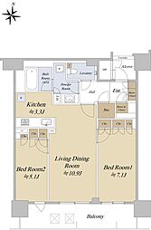 ザ・ファインタワー梅田豊崎 23階2LDKの間取り