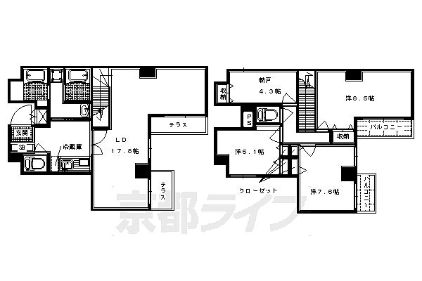 シャトーあと村 101｜京都府京都市下京区麩屋町通五条上ル下鱗形町(賃貸マンション4SLDK・1階・103.58㎡)の写真 その2