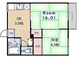 第二吉万ハイツ 2階2DKの間取り