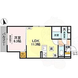 GRAMM御陵荒木C 1階1LDKの間取り