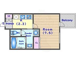 ウェルスクエア京都西陣WEST 3階1Kの間取り
