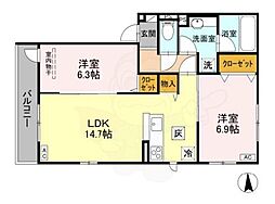 阪急京都本線 西院駅 徒歩5分の賃貸アパート 1階2LDKの間取り