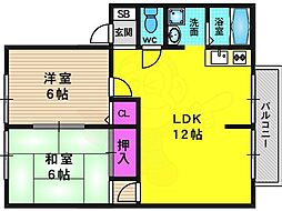 ユアハイツ 2階2LDKの間取り