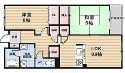 レジディア太秦 2階2LDKの間取り