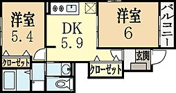 プラム里開 1階2DKの間取り