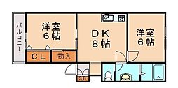 JR篠栗線 柚須駅 徒歩21分の賃貸アパート 2階2DKの間取り