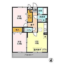 グレースヒルズII 3階2LDKの間取り