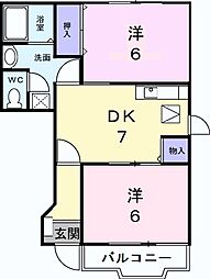 K’sル・クープルII 1階2DKの間取り