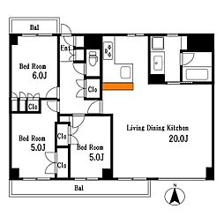 都営新宿線 大島駅 徒歩8分の賃貸マンション 2階3LDKの間取り