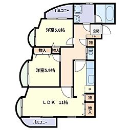 東武伊勢崎線 竹ノ塚駅 徒歩12分の賃貸マンション 3階2LDKの間取り