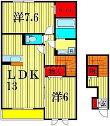 エクセレント三輪野山　I 2階2LDKの間取り