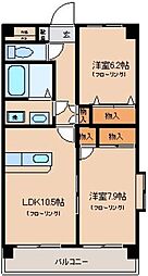 グランドール秋川 3階2LDKの間取り