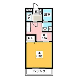 ローズガーデン 2階1Kの間取り