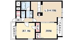 リヴェースよこい 2階2LDKの間取り