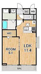 ディアコート唐崎 2階1LDKの間取り